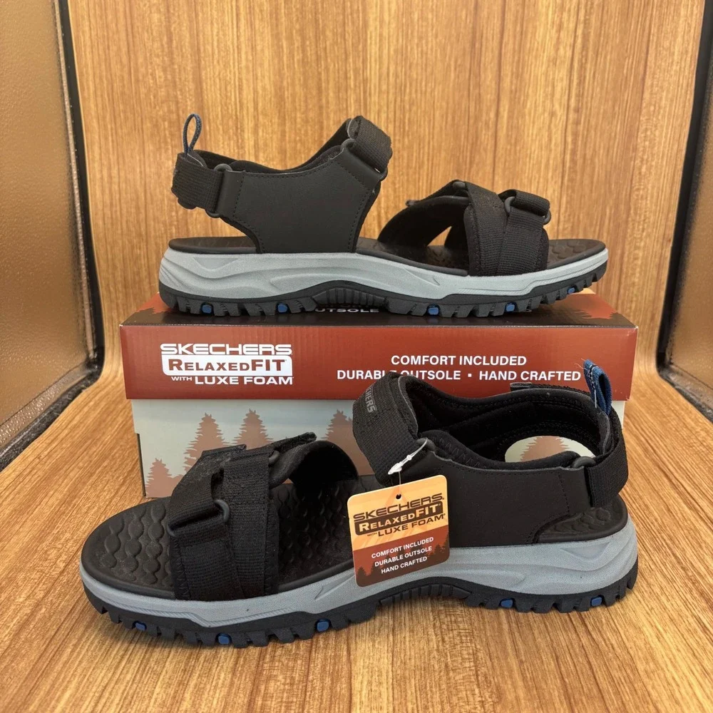Skechers Relaxed‎ Fit Sandals Mens 12 Black New Luxe Foam Strappy Outdoor Hiking
